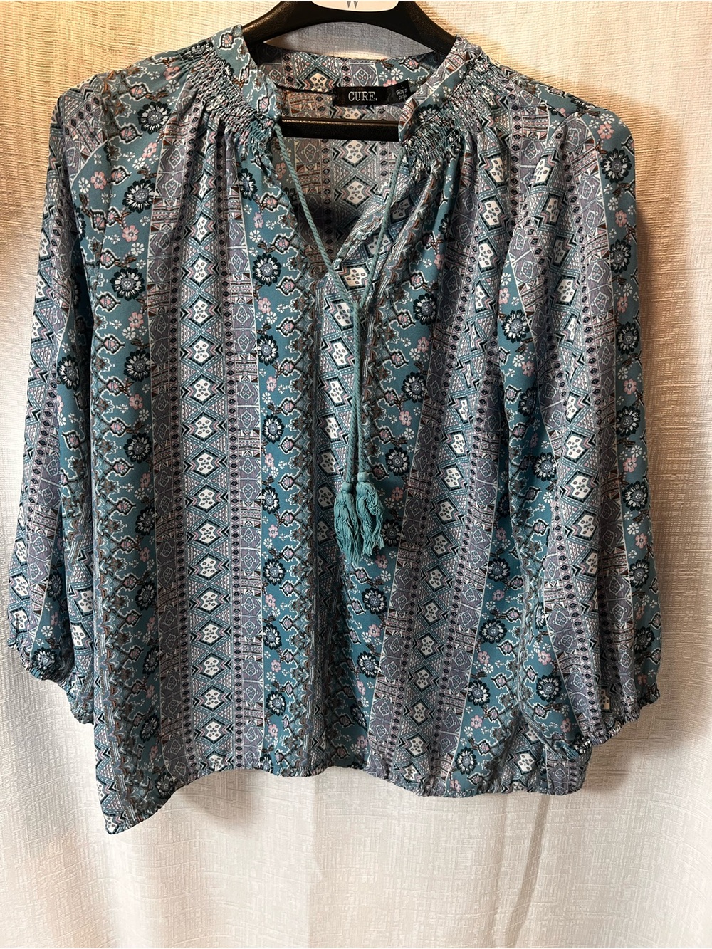 Cure Teal Printed Tie-Neck Boho Blouse